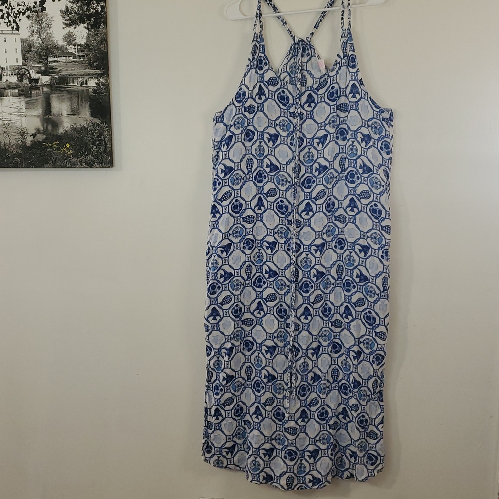 Isaac Mizrahi Womens Fish-Themed Linen Blend Midi Dress Beach Cover-Up Size Lg - Picture 2 of 13